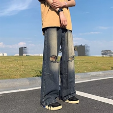 高街复古做旧破洞牛仔裤男女百搭设计感阔腿拖地直筒裤子~N6330，男装牛仔裤，星座601-2