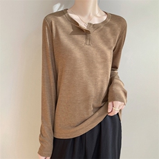 2025新款简约百搭纯色女士开口V领莱赛尔长袖，女装蕾丝衫/雪纺衫，羊特美羊绒