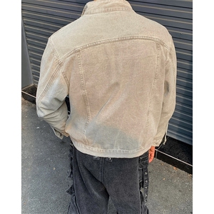 水洗灰色立领牛仔外套男女秋复古潮牌拉链短款外套美式情侣夹克图片