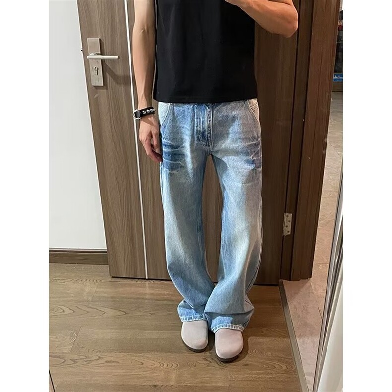 美式复古水洗设计感褶皱牛仔裤男宽松直筒阔腿垂感高街痞帅长裤子图片