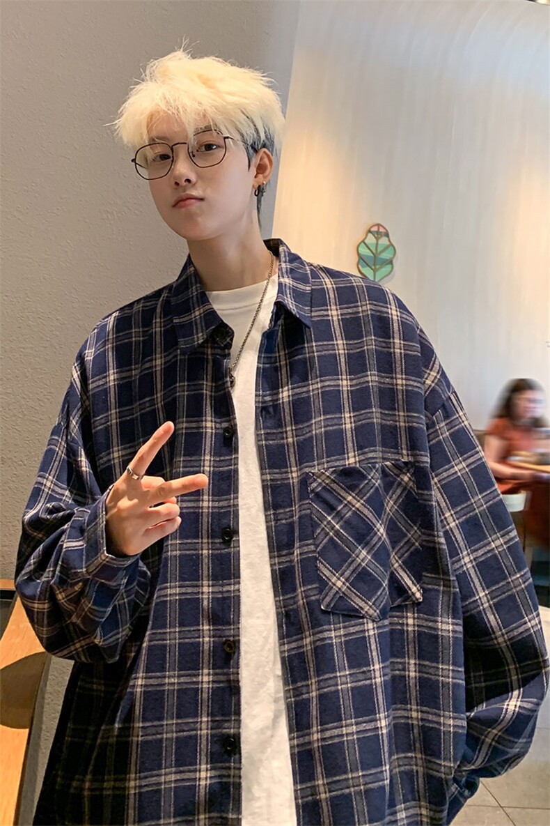 衬衣男秋季新款港风宽松大码磨毛格子长袖衬衫CS530-P38,男装衬衫,星座214-3