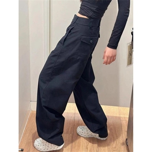 早春新款藏青宽松休闲裤工装裤小众弯刀裤西装腰头 K1022图片
