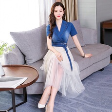 2021年夏季纯色时尚V领气质简约百搭短袖连衣裙，女装连衣裙，天丝秀