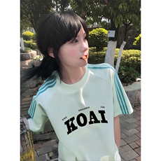 抖音得物品质二开240克宽松纯棉美式潮牌印花三条杠中性风短袖T恤，男装T恤，电商A486-1