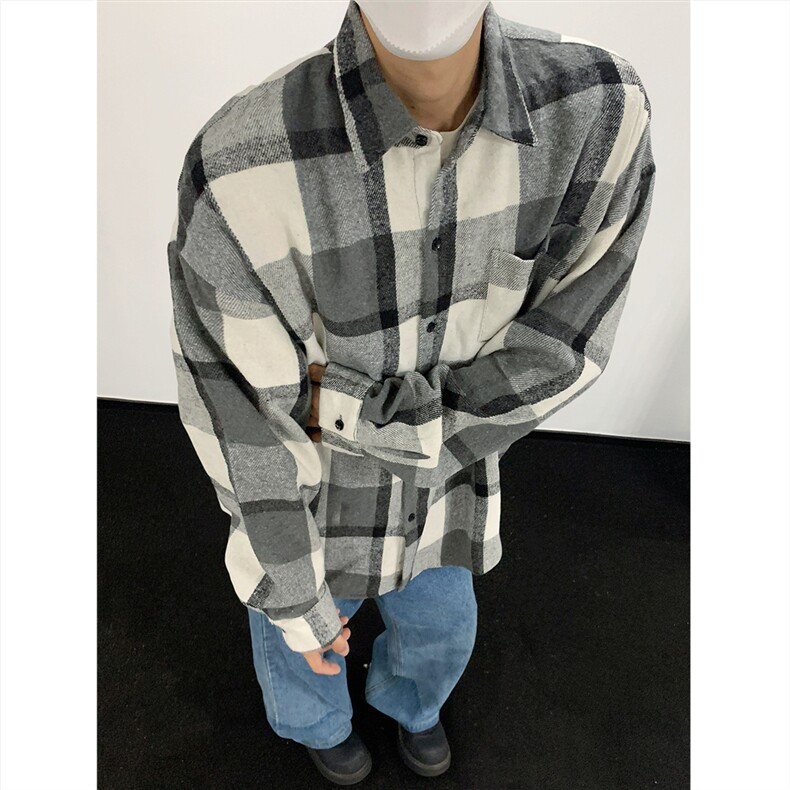 现货~磨毛加厚格子大码长袖衬衫C5892/特P25黑白格,男装衬衫,电商A094