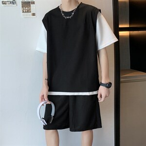 华夫格假两件套装休闲运动短袖短裤两件套潮男搭配衣服 T1321-P40图片