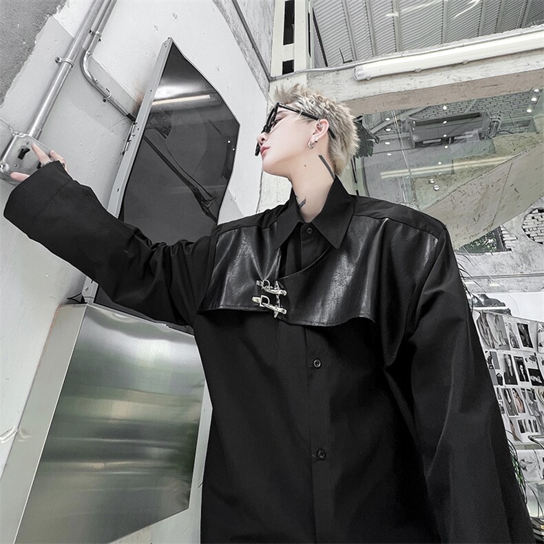 暗黑系山本风高级感小众拼皮衬衣设计感金属扣长袖衬衫H1822，男装衬衫，星座1114（原A254）
