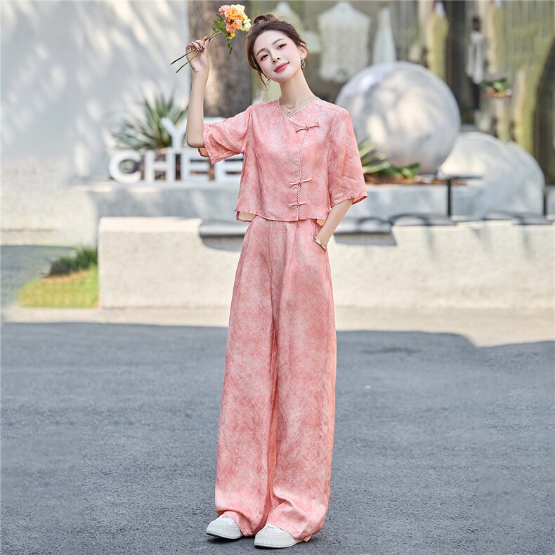 巨好看的年轻洋气套装女2025夏季新款民国风中式盘扣超火两件套裤,女装套装/套裙,伊仟回