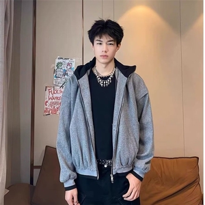 美式复古假两件立领针织衫外套男女休闲百搭连帽拉链卫衣图片