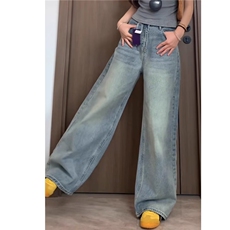 复古蓝阔腿牛仔裤男女秋冬季加绒高腰设计感显瘦垂感宽松直筒裤潮，男装牛仔裤，星座302B-2