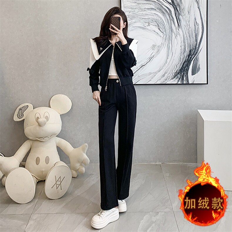 女秋冬加绒加厚新款运动服阔腿裤两件套,女装套装/套裙,江南