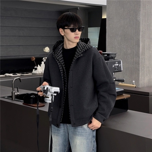 秋冬新款空气层假两件外套男女同款连帽加厚开衫拼接灰色百搭夹克图片