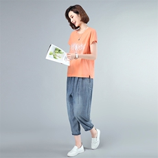 套装/套裙2021年夏季时尚圆领印花牛仔裤插袋两件套，女装套装/套裙，独衣靓