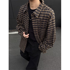 男装复古格纹翻领长袖衬衫春秋季外套个性时尚休闲衬衣潮CB40，男装衬衫，星座1116A-1（原606A）