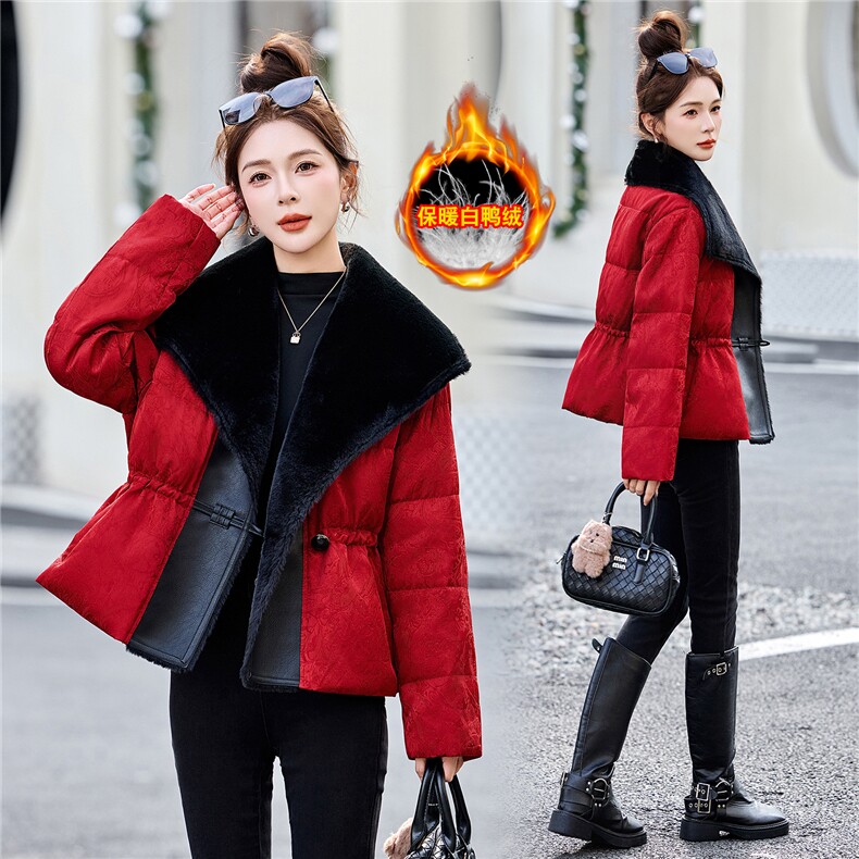 新中式G风羽绒服女2025冬季新款毛毛领拼接提花保暖白鸭绒外套，女装羽绒服，冬木谷雨