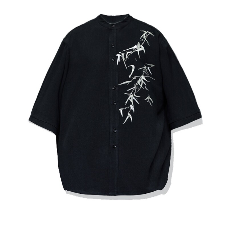 现货棉麻风刺绣竹叶立领短袖衬衫A021-T29-p65控89,男装衬衫,电商A021