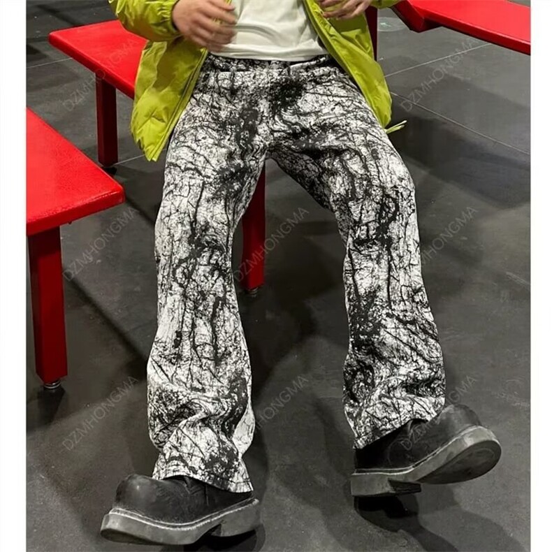 美式小众彩印泼墨油画调色阔腿牛仔裤休闲裤男涂鸦宽松弯刀直筒裤，男装牛仔裤，星座506A
