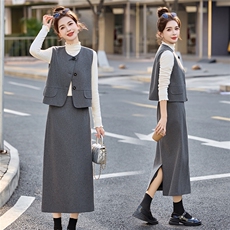 时尚马甲打底衫半身裙套装女2026春新款含羊毛通勤气质穿搭三件套，女装套装/套裙，冬木谷雨