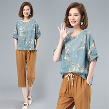 宽松圆领棉麻上衣短袖t恤女士2021夏装时尚文艺印花T恤，女装T恤，涵誉