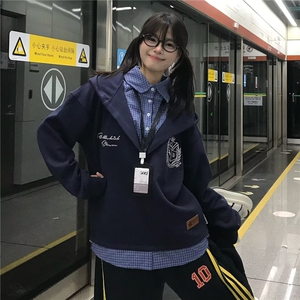 新款卫衣新款休闲藏青色女春秋季设计感潮牌上衣宽松流行图片