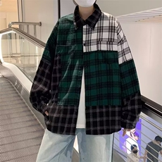 春季拼接撞色格子衬衫男港风ins潮牌宽松休闲长袖衬衣W7254-P38，男装衬衫，星座512-2