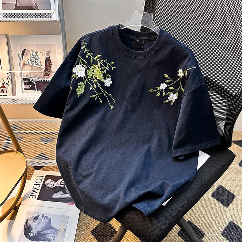 夏季新款植物花卉刺绣短袖T恤潮流时尚休闲百搭上衣,男装T恤,星座410-7