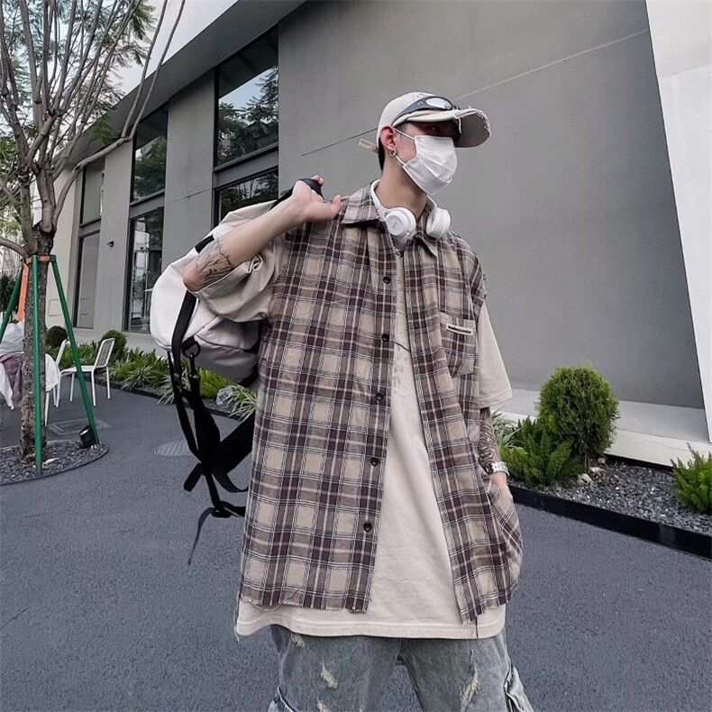 C255-P28美式复古高街无袖t恤格子衬衫男潮牌女嘻哈宽松坎肩,男装衬衫,电商B323A