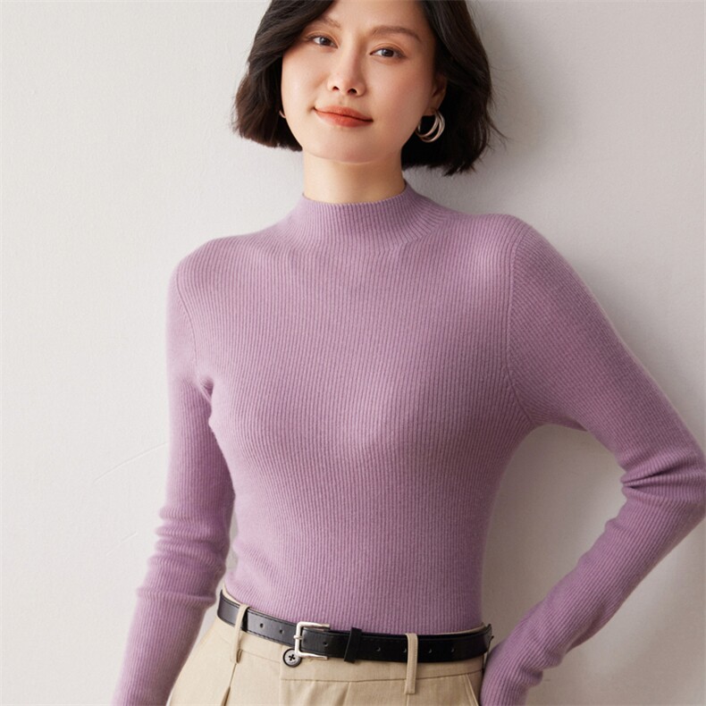 秋冬新款洋气时尚百搭显瘦女款精纺一线成衣半高领35%羊绒衫,女装羊绒衫,艾巧羊绒