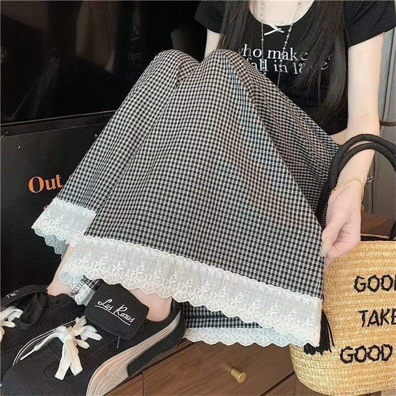 日系蕾丝花边格子阔腿裤宽松显瘦休闲裤女春季高腰直筒裤气质长裤,女装休闲裤,星座1210-1