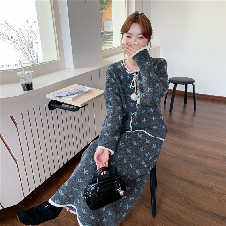 花朵系带软糯开衫+半身裙两件套装2C267-930-P125K218，女装套装/套裙，茵姿媚