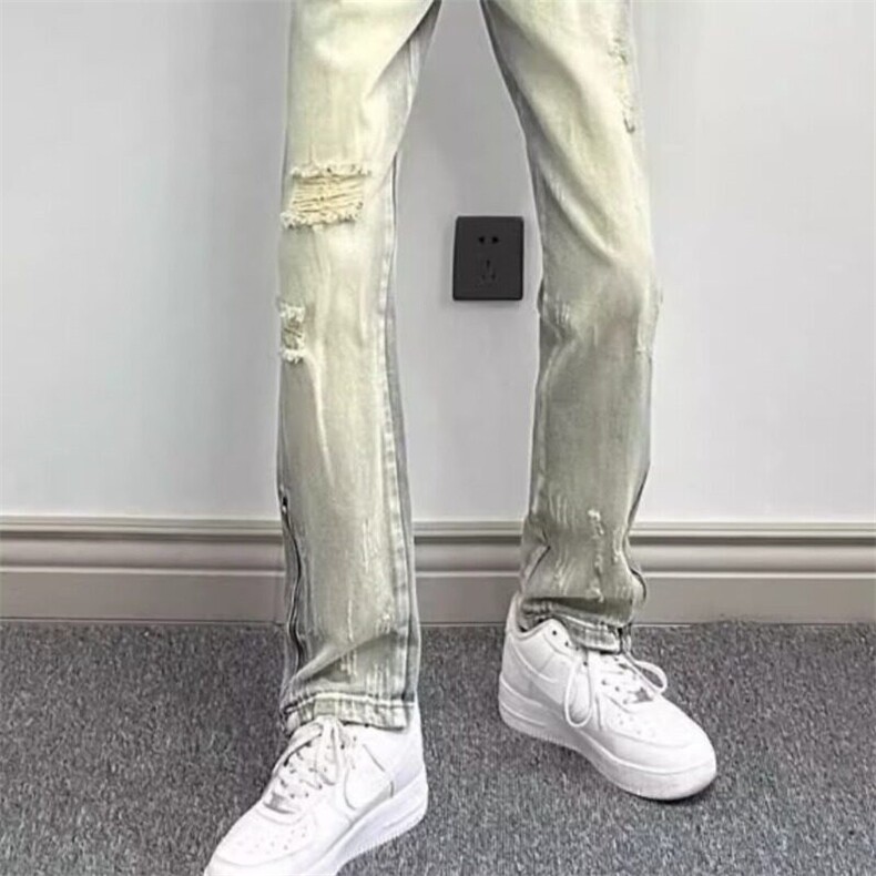 破洞牛仔裤男款夏季高街侧开拉链水洗做旧修身潮牌直筒裤,男装牛仔裤,星座506A