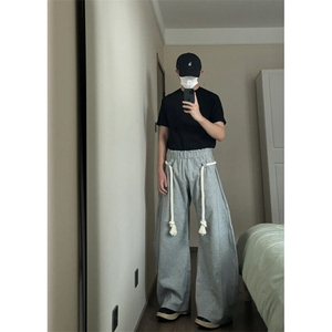 美式复古灰色粗绳阔腿休闲裤男女高街小众设计感宽松运动卫裤图片