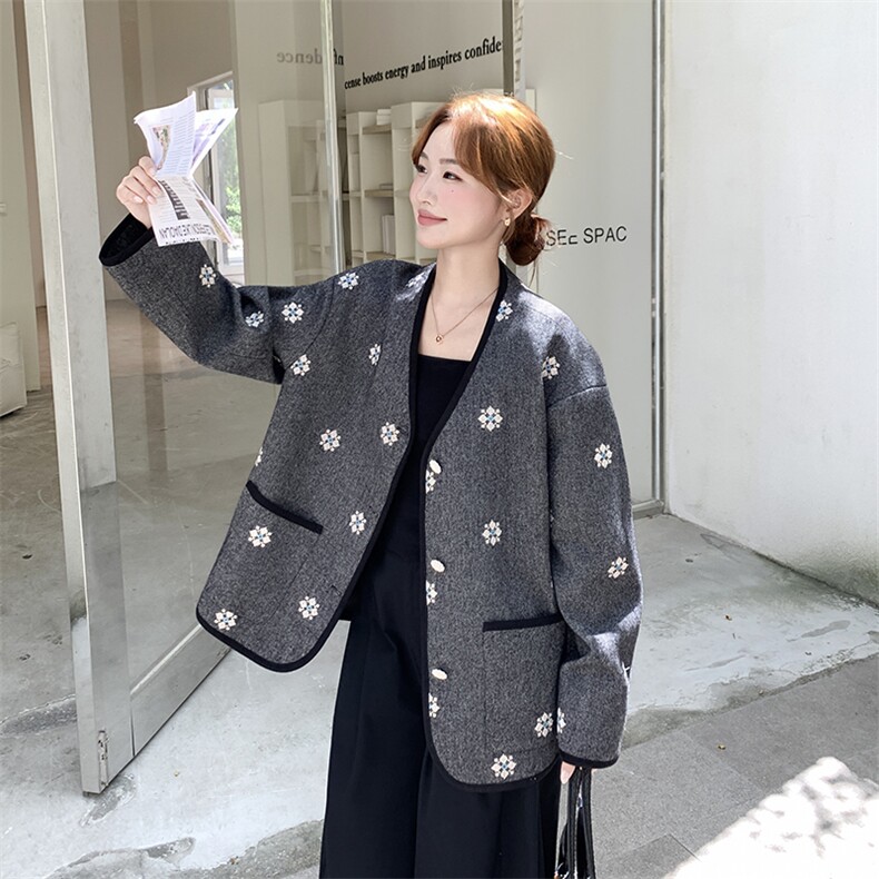 复古灰色提花短款外套女2025春秋季新款韩版小香风超好看时髦夹克,女装短外套,浙宝276（原081）