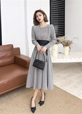 千鸟格撞色腰带连衣裙，女装连衣裙，迪蔓君翔