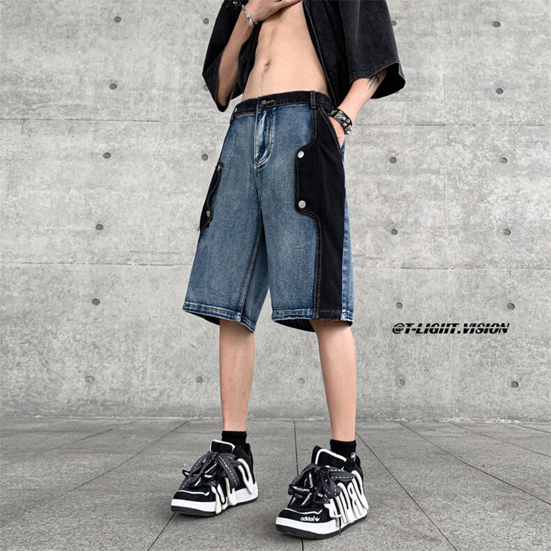 B221美式ins高街暗黑小众个性款牛仔短裤五分裤LK23100-P60控78,男装牛仔裤,电商B221