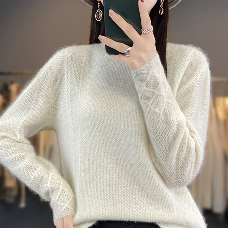 100%纯羊毛衫女25秋冬新款宽松卷边半高领套头毛衣针织打底羊绒衫,女装羊毛衫,琳尚羊绒
