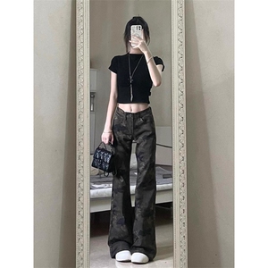 美式复古迷彩工装微喇牛仔裤女喇叭裤拖地裤子KZ144-P45图片
