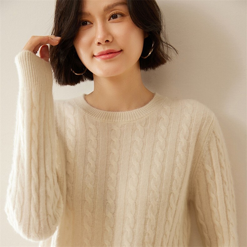 秋冬新款加厚麻花圆领羊绒衫女山羊绒绞花毛衣套头羊毛针织打底衫,女装羊绒衫,绒创羊绒