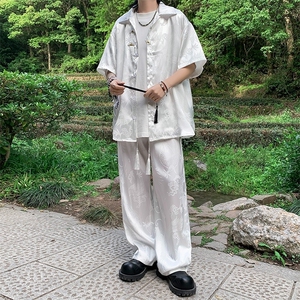龙纹醋酸提花冰丝直筒裤男休闲裤中式竹纹刺绣短袖衬衫直筒裤套装