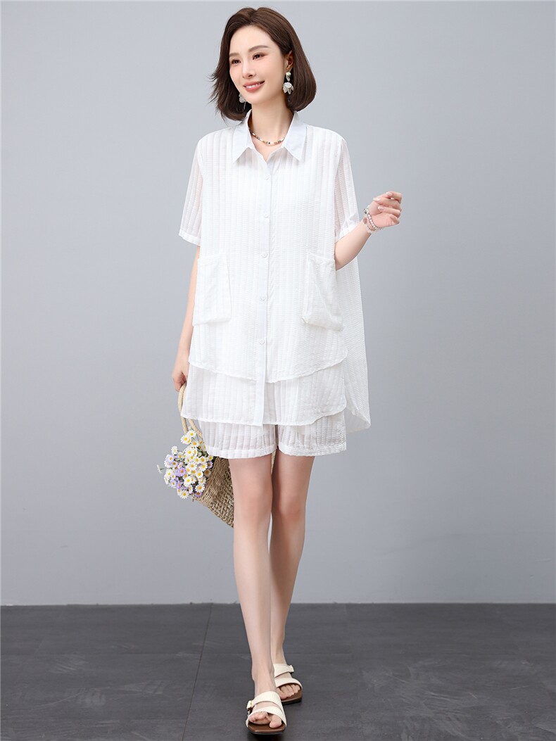 套装女2025年夏季新款时尚宽松中年妈妈大码短裤两件套,女装套装/套裙,江忆布依