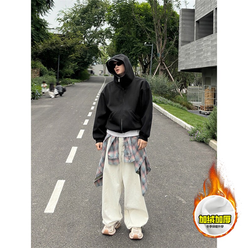 480G重磅加绒硬挺boxy男女秋冬美式高街防风高领卫衣开衫厚外套，女装短外套，电商A486-1