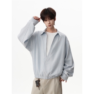 宽松廓形个性上衣日系cityboy灰竖纹经典翻领衬衫HY921TP48控88图片
