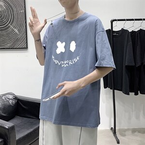 T1795P25 港风室内 宽松T恤棉2021男线条笑脸英文印花短袖T恤图片