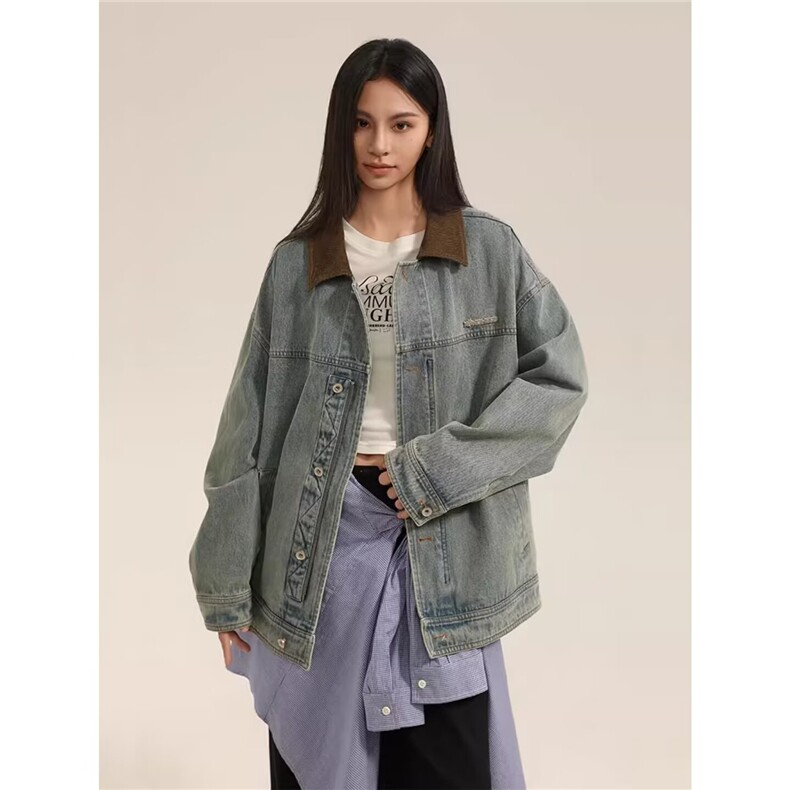 F4006-P642025春季新款复古做旧撞色翻领牛仔外套女宽松休闲，男装工装外套，电商B323A