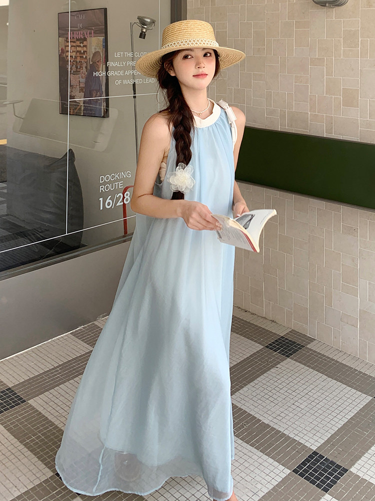 法式无袖挂脖连衣裙女2025夏季新款气质高级感绝美超仙度假风长裙,女装连衣裙,浙宝305