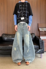 美式复古弯刀牛仔裤男女潮设计感宽松解构直筒阔腿长裤YD9007-P75，男装牛仔裤，星座509