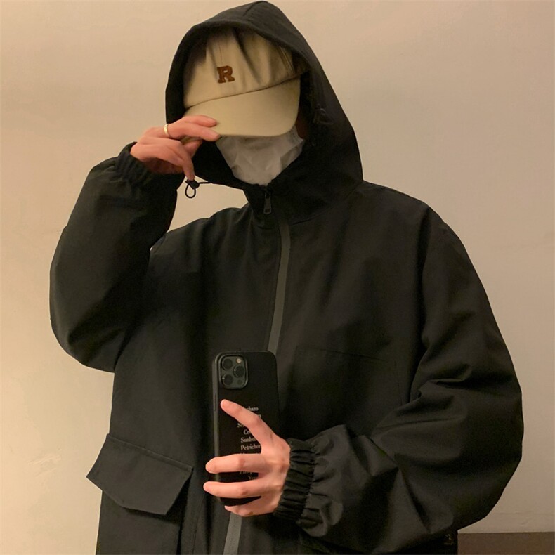 新款连帽冲锋衣夹克男港风纯色潮流休闲外套JK2301-P68图片
