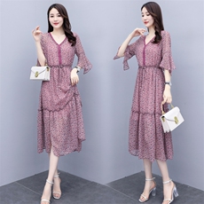 套装/套裙2022年夏季五分袖中长款印花两件套抽褶，女装套装/套裙，岚衣(原川流布茜）