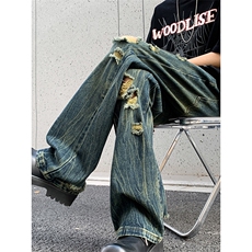 B221美式ins高街暗黑小众夏季重工艺破洞牛仔裤LK24178-P65控88，男装牛仔裤，电商B221