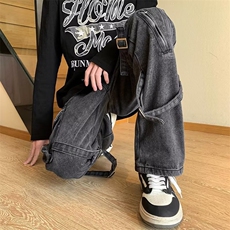 美式vibe裤子ins高街潮牌绑带牛仔裤男直筒拉链工装裤K3261-P57，男装牛仔裤，星座412